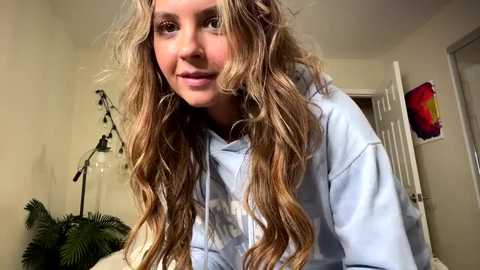 Media: Video of a young woman with long, wavy blonde hair, wearing a light blue hoodie, standing indoors. Background includes a potted plant, a colorful abstract painting, and a closed white door.