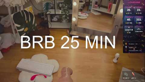 Media: A video of a cluttered bedroom with a wooden floor, a white duvet, a mirror, and a digital display showing \"BRR 25 MIN.\