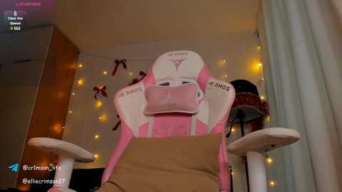 Media: Video of a gamer wearing a pink headset and gaming chair, in a cozy room with warm, yellow string lights and a cat bed.