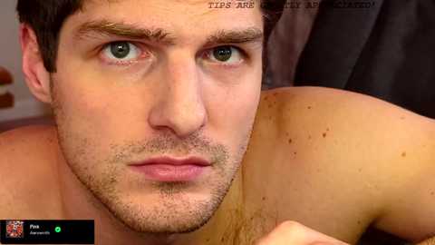 Media: Video of a shirtless, muscular man with fair skin, green eyes, and dark hair, lying on a bed. The background shows a partially visible wall with a window and a black curtain. The image is close-up and intimate.