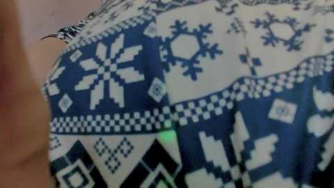 Media: Video of a woman's shoulder, wearing a blue and white geometric patterned dress with snowflake and diamond motifs. The fabric is smooth, and the background is blurred.