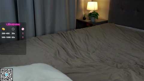 A video of a dimly lit bedroom featuring a neatly made bed with beige sheets, a nightstand with a lamp, and a potted plant. The room has a modern, minimalist design.