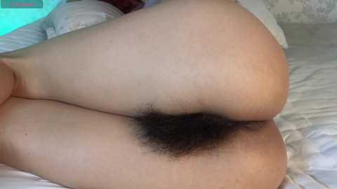 Media: Video of a close-up of a person's bare buttocks and pubic area, showing a natural, dark pubic hair. The skin tone is light. Background includes white bedding and a partially visible wall.