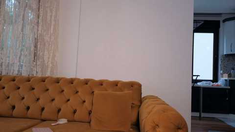 Media: Video of a modern living room with a beige, tufted velvet sofa against a white wall. In the background, a kitchen with dark cabinets and a window with sheer curtains is visible.