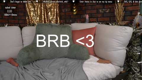 Media: A video of a cozy living room with a plush green pillow labeled \"BBB\" and a red pillow with a white \"3\" symbol, set against a brick wall adorned with golden garlands.