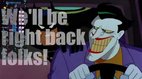 Media: A digital screenshot from \"Batman: The Animated Series\" features a creepy, grinning Joker in a purple suit, driving a car with a menacing, shadowy Batman in the background. Text overlays: \"YOU WILL BE BACK. DARK BACK. LOLKS!\