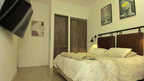 Media: Video of a modern, minimalist bedroom with a white bed, wooden headboard, beige linens, two wooden doors, black wall-mounted shelves, a flat-screen TV, and a framed painting on the wall.