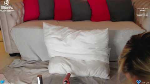 Media: Video of a woman with long blonde hair, sitting on a gray sofa, surrounded by three red and gray pillows. A smartphone and a bottle of wine are on the floor in front of her.