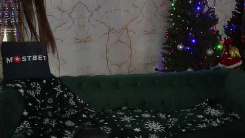 Media: Video of a cozy living room with a green velvet couch draped in a white snowflake-patterned blanket. A decorated Christmas tree with multicolored lights and a Santa Claus doll is visible in the background.