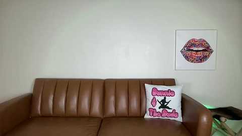 Media: Video of a brown leather couch with a white pillow featuring the phrase \"Rihanna The Barbados\" in bold pink and black letters. The wall behind it displays a large, colorful print of lips.