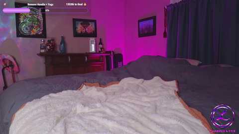 Media: Video of a dimly-lit bedroom with purple lighting, featuring a messy bed, a wooden dresser, framed art, and a black curtain.