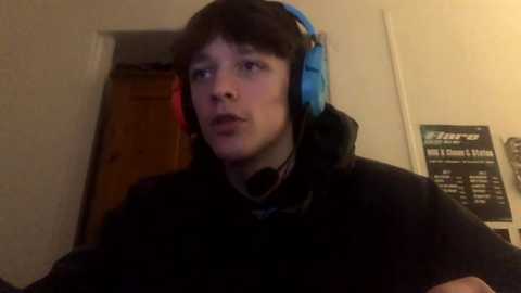 Media: A video of a young man with short brown hair wearing blue and red headphones, a black hoodie, and a black microphone. Background shows a beige wall with a door and a \"Zeus\" poster.