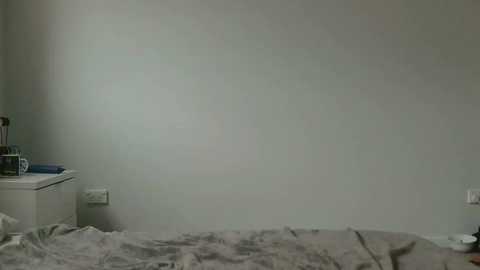 Media: A video of a sparsely furnished room with a plain, light gray wall. On the left, a white desk holds a small, dark-colored speaker and a black cup. A white outlet is on the wall. The floor is covered in a gray blanket.