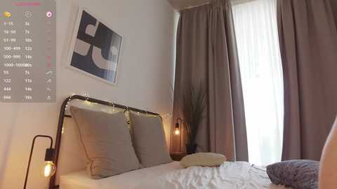 Media: Video of a cozy, modern bedroom with a metal bed frame, beige pillows, grey curtains, and a white abstract painting on the wall.