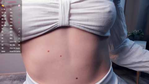 Media: Video of a fair-skinned woman's bare midriff, showing three moles, wearing a white crop top and gray shorts. Background includes a calendar overlay and a blurred room with a plant.