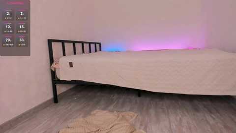 Media: Video of a minimalist bedroom with a white bed, beige blanket, and wooden floor, lit by a neon blue light on the right wall.