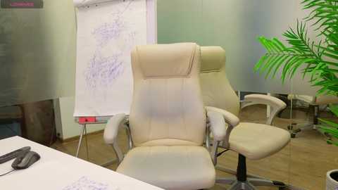 Media: A video of a modern office chair, beige with adjustable arms, placed in a minimalist room with a large whiteboard, a potted plant, and a desk with papers and a pen.