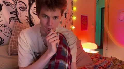 Media: Video of a young man with short brown hair, wearing a plaid shirt, lying on a colorful quilted blanket. The background features a sun mandala tapestry, string lights, and a pink poster. The room is warmly lit with a cozy ambiance.