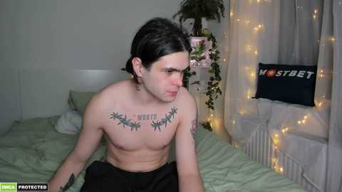 Media: Video of a shirtless, pale-skinned, muscular man with dark hair, wearing a tattoo of barbed wire on his chest. He sits on a green bed in a dimly lit bedroom with fairy lights and a \"SISTER\" pillow.