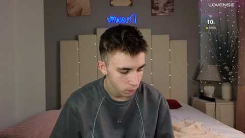 Media: A video of a young man with short brown hair, wearing a gray sweatshirt, sitting on a bed with a cream headboard in a dimly lit room.