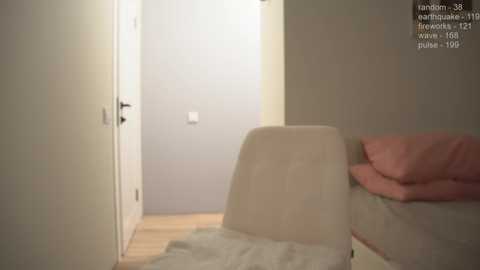 Video of a minimalist bedroom with a white chair and pink blanket, light-colored walls, and a door slightly open to a dimly lit hallway.