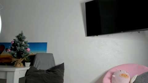 Media: A video of a minimalist bedroom with a white wall, a mounted flat-screen TV, a pink chair with a plush toy, a small Christmas tree, and a gray bed.