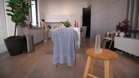 Media: Video of a modern, minimalist kitchen with light wood floors and white cabinets. A nude woman with pale skin and dark hair stands at the counter. A large plant, wooden stool, and phallic-shaped candle holder are visible.