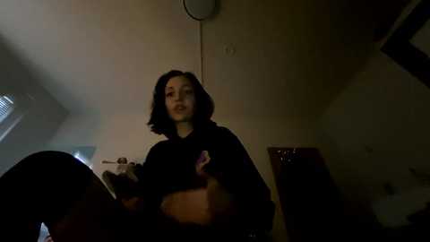 Media: Video of a woman with shoulder-length black hair, wearing a dark hoodie, holding a baby. She is indoors with dim lighting, a round ceiling light, and a wooden table in the background.