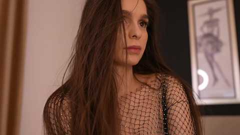 Media: Video of a young woman with long, straight brown hair, wearing a fishnet top, standing indoors with framed artwork in the background.