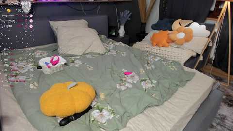 Media: Video of a messy bedroom with a gray bed, green floral duvet, plush toys, and scattered items, including a yellow pumpkin.