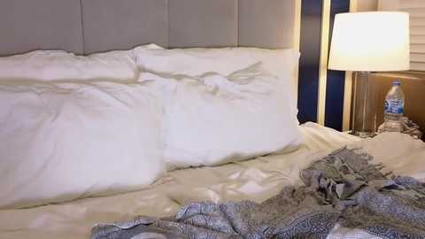 Media: A video of a modern hotel room with a neatly made bed featuring white pillows and sheets. The headboard is upholstered in light gray fabric, and a white lamp with a glass shade sits on a nightstand.