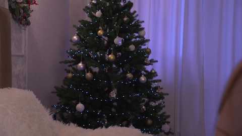 Media: Video of a decorated Christmas tree with silver and gold ornaments and twinkling lights, set in a cozy living room with white curtains and a fluffy white throw on a beige couch.