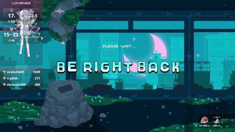 Media: A pixel-art screenshot of a video game featuring a character with long hair, standing in front of a futuristic cityscape. The text \"BE RIGHT BACK\" is prominent.