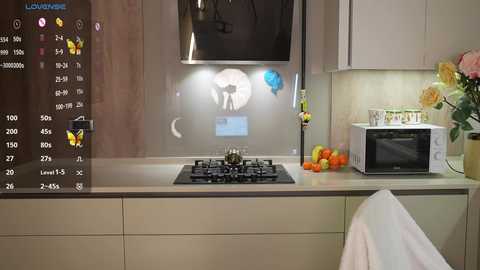 Media: Video of a modern kitchen with beige cabinets, stainless steel appliances, a microwave, and a fruit bowl on a counter. A digital overlay shows a clock, temperature, and icons.