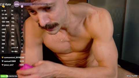 Media: A video shows a muscular, shirtless, light-skinned man with a mustache and short brown hair, using a pink sex toy. Background includes a dark room with a digital screen displaying \"Crip Rate\" and a \"Pleasure\" meter.