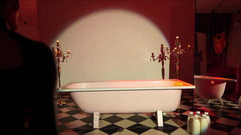 Media: Video of a vintage, white clawfoot bathtub with gold faucets, set against a red-lit, black-and-white checkered floor. The scene includes a glass shelf and two candleholders with lit candles. A man is partially visible in the background.