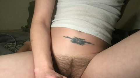 Media: Video of a light-skinned person with a short black tattoo of a butterfly on their lower abdomen, wearing a white ribbed tank top and seated with legs spread, showing pubic hair. Background includes a gray sofa and a blurred person partially visible.