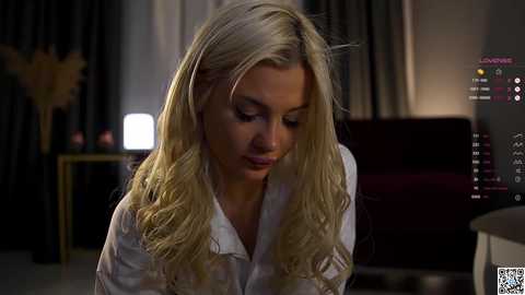 Media: A video of a blonde woman with wavy hair, wearing a white blouse, seated in a dimly lit room with dark curtains, a computer screen showing \"Love\" in the background.