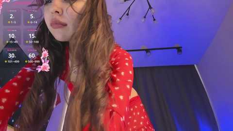 Media: Video of a young Asian woman with long brown hair, wearing a red polka-dot dress, standing in a dimly lit room with a digital thermometer display in the corner.