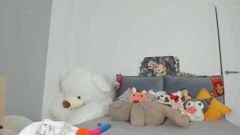 Video of a cozy corner in a child's room featuring a large white teddy bear, a plush dog, and colorful stuffed animals on a gray carpet, with a white door and a decorative box in the background.