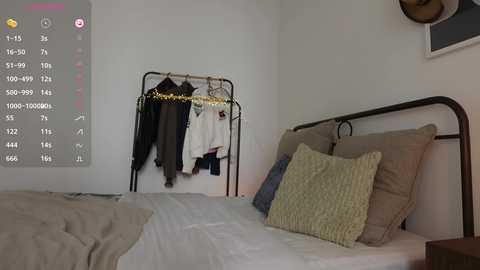 Media: Video of a cozy bedroom with a beige metal headboard, white bedding, and a textured yellow pillow. Clothes hang on a black rack, against a white wall.