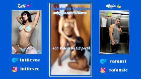 Media: Video collage with three images: left, a slender woman in lingerie; center, blurred video; right, a muscular man in a tank top.