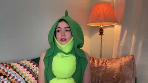 Media: Video of a woman with fair skin, wearing a green, plush dinosaur costume with a hood, sitting on a bed with colorful, patterned pillows. A lamp with a pleated shade casts a warm glow on the beige wall behind.