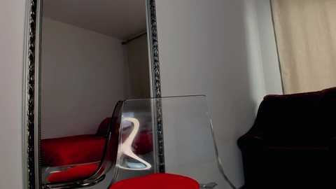 Media: Video of a minimalist room with a large, ornate mirror on a white wall reflecting a red chair and a transparent, curvy chair, both in the foreground. The room has beige curtains on the right.