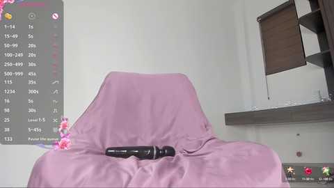 Media: Video of a pink-draped chair with a black microphone on it, set against a white wall with a shelf and a calendar with dates and events.