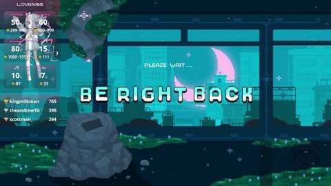 Media: A digital pixel art screenshot of a video game, depicting a cityscape at night with a moon and glowing city lights, and a large rock in the foreground. Text at the bottom says \"BE RIGHT BACK.\