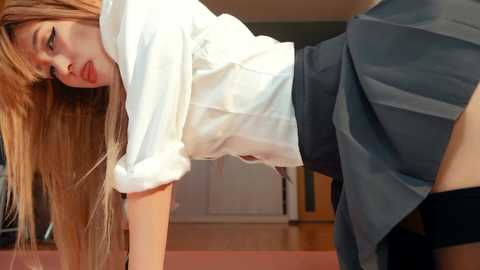 Media: Video of a young woman with long, straight, light brown hair, wearing a white blouse and gray pleated skirt, bending over, revealing her black panties. Background shows a modern, indoor setting with wooden floors and white cabinets.