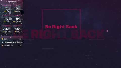 Media: Video of a dimly lit, futuristic room with a large, glowing red neon sign reading \"Be Right Back\" in the center. To the left, a digital clock displays the time. The background is dark with a hint of purple.