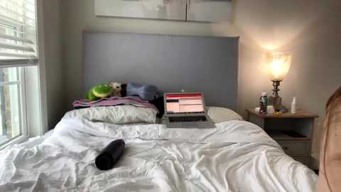 Video of a neatly made bed with white linens, gray headboard, and a laptop on a pillow. A stuffed animal and black tube lie on the bed. Nightstand with lamp and toiletries.