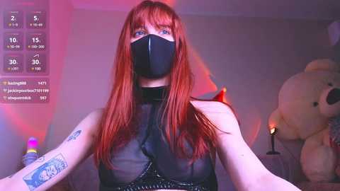 Media: Video of a fair-skinned woman with long red hair, wearing a black mask and sheer black top, in a dimly lit room with a teddy bear and a candle.